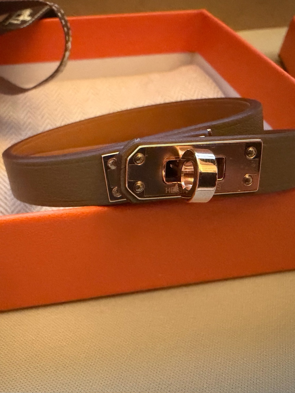Hermes Etoupe Mini Kelly Double Tour Wrap Bracelet with Rose Gold Turn-Lock